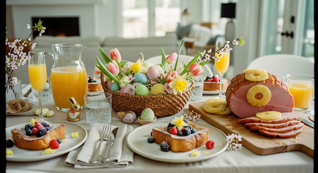 A beautifully set Easter breakfast table with food and decorationsの素材