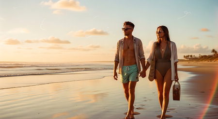 A young couple enjoying a romantic beach walk at sunset togetherの素材