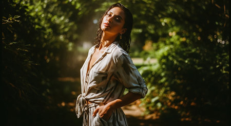 A beautiful woman standing in a lush green forest with sunlight shining throughの素材