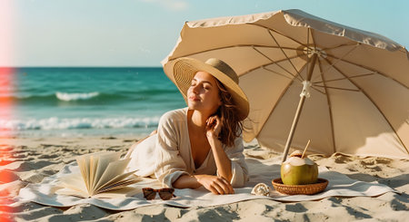 A woman relaxing on a beach under a large umbrella with a coconut drinkの素材