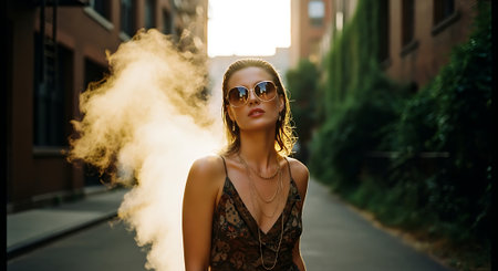 A woman in sunglasses stands in an alleyway with smoke behind herの素材