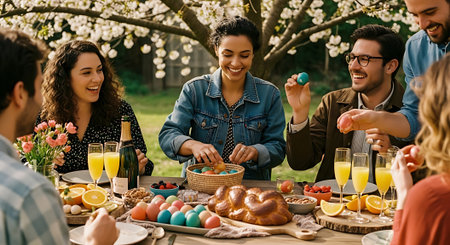A group of friends enjoying a festive Easter dinner outdoors in a parkの素材