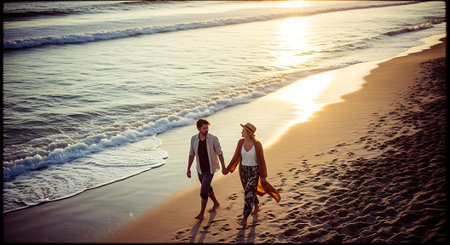 A romantic couple walking hand in hand on a beautiful beach at sunsetの素材