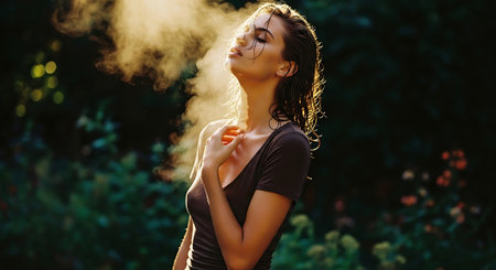 A woman exhaling smoke in a serene outdoor setting with flowersの素材