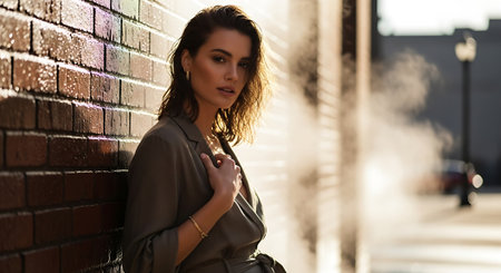 A beautiful woman leaning against a brick wall in an urban settingの素材