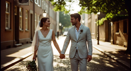 A happy couple in wedding attire walking hand in hand down a charming cobblestone streetの素材