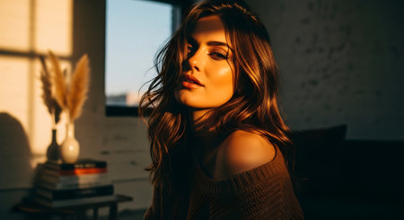 A young woman with long brown hair sitting in a cozy room with warm sunlightの素材