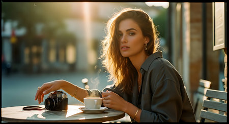 A young woman sitting at a small outdoor table with a cup of coffee and a cameraの素材