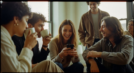 A group of young adults laughing and socializing in a bright roomの素材
