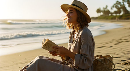 A serene woman reading a book on a peaceful beach at sunsetの素材