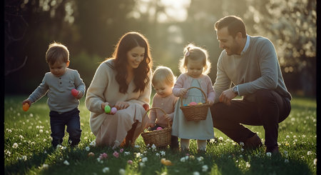 A happy family with young children enjoying an Easter egg hunt together outdoorsの素材