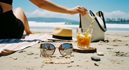 A woman relaxes on the beach with a refreshing summer drink nearbyの素材
