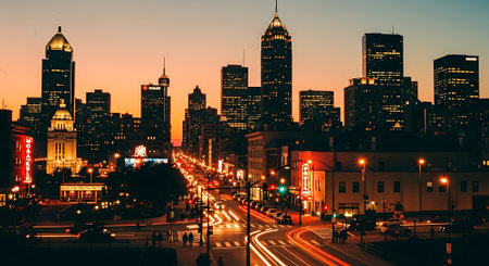 A cityscape at dusk with a busy street and tall buildings in the backgroundの素材