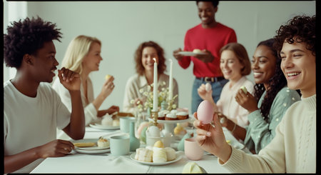 A diverse group of friends enjoying a festive Easter celebration togetherの素材