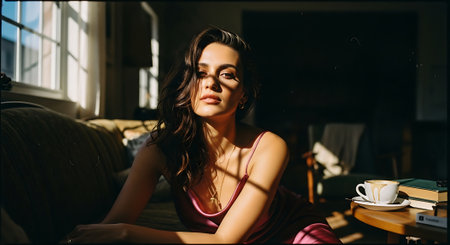 A young woman relaxing in a cozy living room with a cup of coffeeの素材
