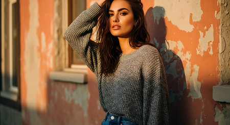 A young woman standing confidently in front of a worn orange wallの素材
