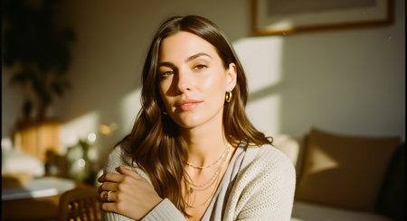 A young woman sitting comfortably in a cozy living room with warm sunlightの素材