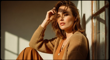 A young woman sitting by a window with a thoughtful expressionの素材