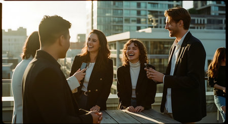 A group of young professionals socializing on a rooftop with a city viewの素材