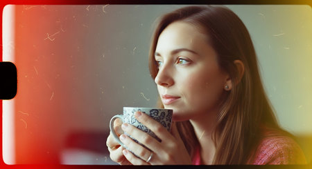 A woman enjoying a cup of coffee in a cozy atmosphereの素材