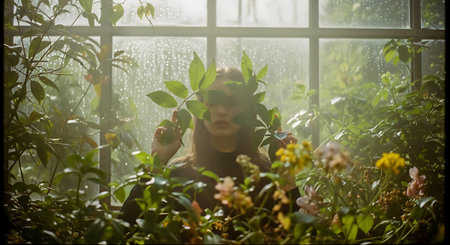 A woman surrounded by lush greenery and vibrant flowers in a serene greenhouse settingの素材