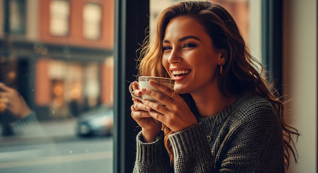 A smiling woman enjoying a cup of coffee in a cozy cafeの素材