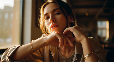 A young woman sitting by a window with her hands clasped together thoughtfullyの素材