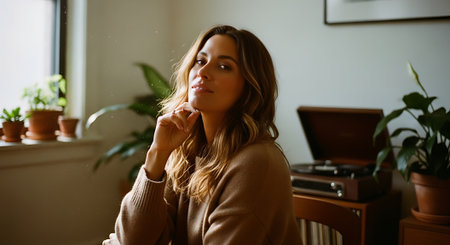 A young woman sitting in a cozy room with plants and a record playerの素材