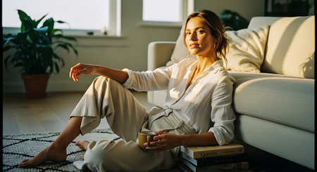 A woman relaxing on the floor with a cup of coffee in a modern living roomの素材