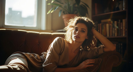 A woman relaxing on a couch in a cozy living room with a windowの素材