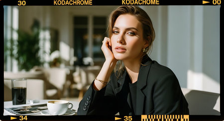 A young woman sitting in a cafe looking thoughtful and relaxedの素材