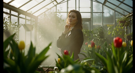 A woman stands thoughtfully in a beautiful greenhouse surrounded by vibrant flowers and lush greenery.の素材