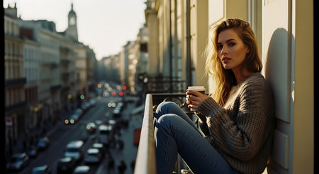 A young woman sitting on a balcony overlooking a busy city streetの素材
