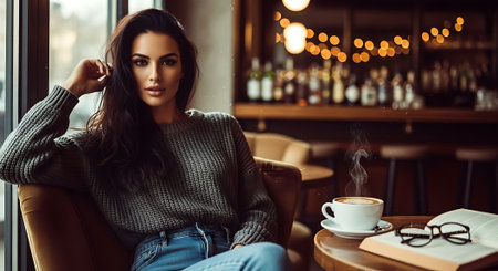 A woman sitting in a cozy cafe with a cup of coffee and a bookの素材