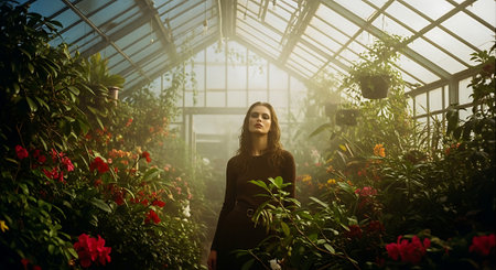 A woman stands in a beautiful greenhouse surrounded by lush greenery and vibrant flowersの素材
