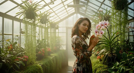 A woman in a floral dress stands in a lush greenhouse surrounded by vibrant plants and flowers.の素材