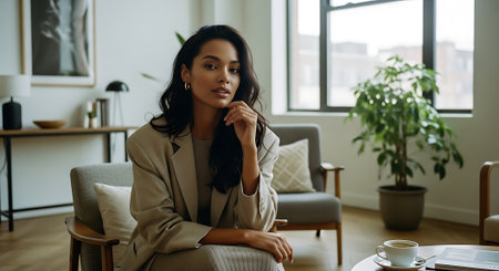 A thoughtful woman sitting in a modern living room with a cup of coffeeの素材