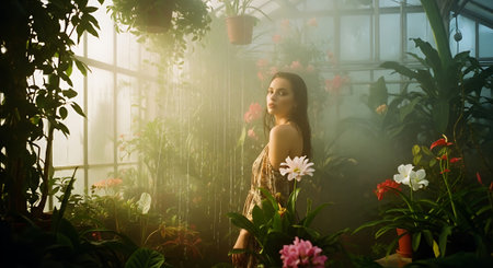 A serene woman surrounded by lush greenery and vibrant flowers in a sunny greenhouseの素材