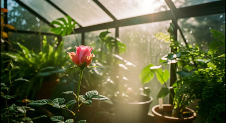 A serene greenhouse with a pink rose and lush green plants basking in sunlightの素材