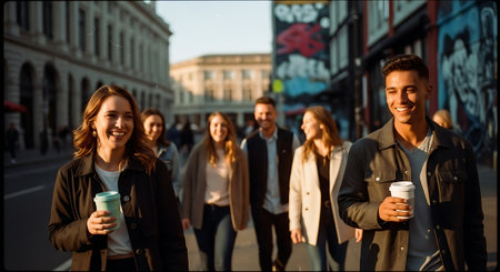 A group of young adults walking together in a vibrant city streetの素材