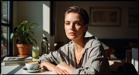 A young woman sitting at a table with a cup of coffee and a book in a cozy cafeの素材