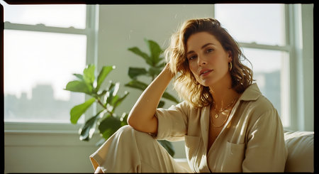 A young woman sitting comfortably in a bright room with a thoughtful expressionの素材
