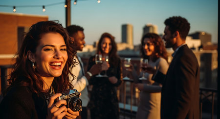 A young woman with a camera smiles at a rooftop party with friendsの素材