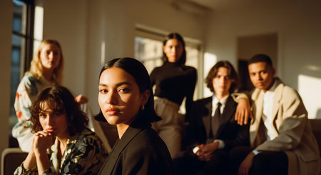 A group of diverse young adults sitting together in a modern roomの素材