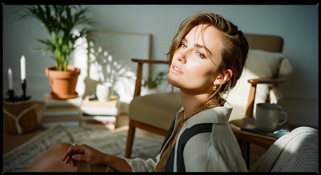 A young woman relaxing in a cozy living room with a cup of coffeeの素材