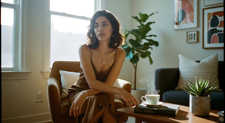 A young woman sitting comfortably in a cozy living room with a cup of coffeeの素材