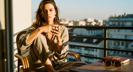 A woman sitting on a balcony with a cup of coffee and a city viewの素材