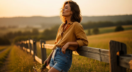 A young woman leaning on a wooden fence in a serene countryside landscape at sunsetの素材