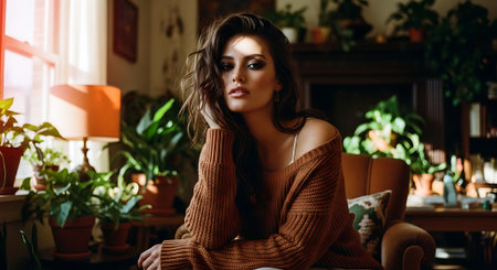 A young woman sitting comfortably in a cozy living room with plantsの素材
