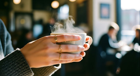 A person holding a steaming cup of coffee in a cozy cafeの素材